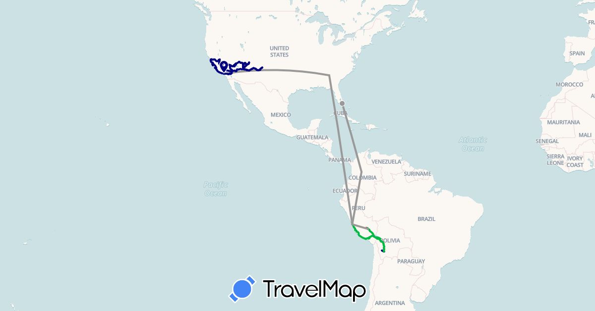 TravelMap itinerary: driving, bus, plane, train, hiking, boat in Bolivia, Colombia, Peru, United States (North America, South America)